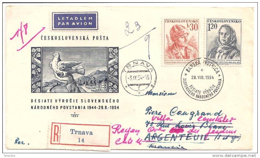 Lettre Recommandée Par Avion Sur Enveloppe 1er Jour Du 28/08/1954 Circulée Vers La France - FDC