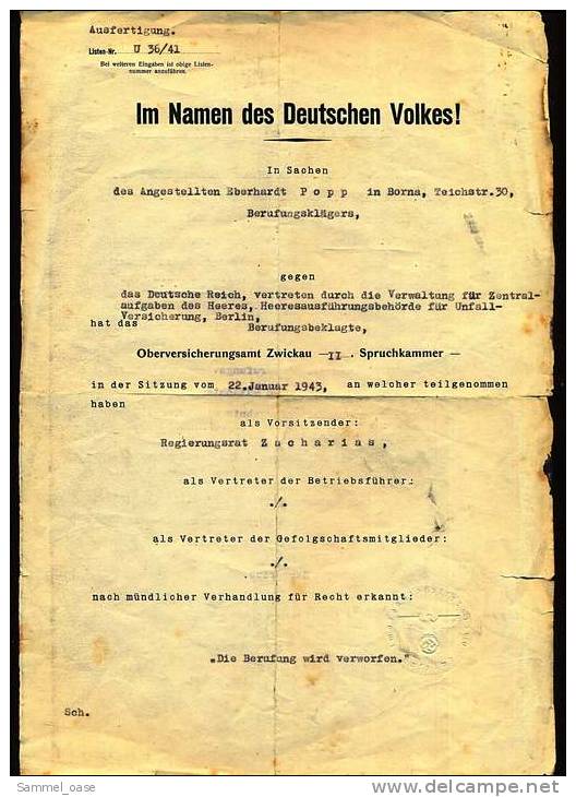 1943 - Gerichtsurteil Oberversicherungsamt Zwickau - Im Namen Des Deutschen Volkes - Historical Documents