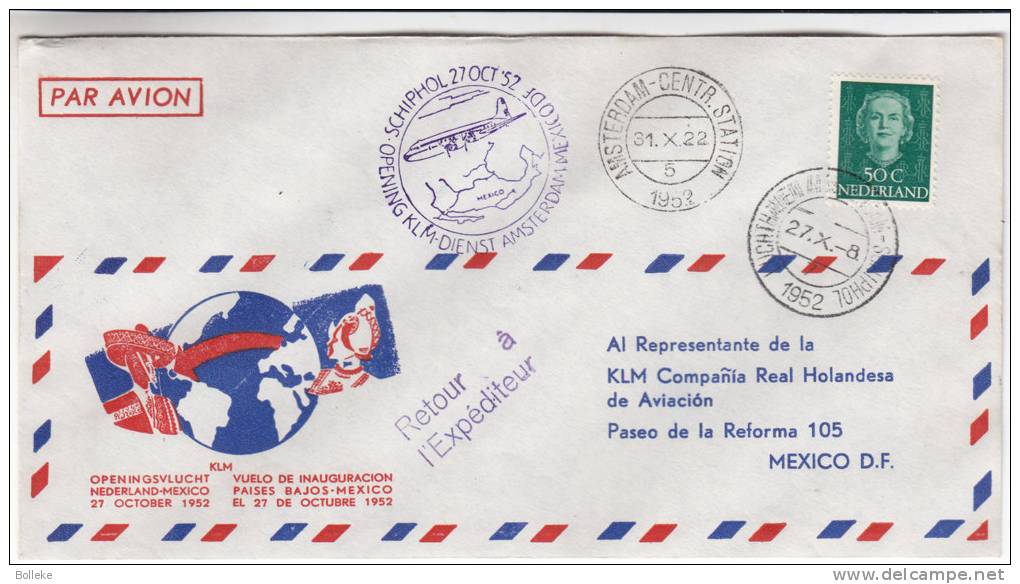 Pays Bas - Lettre De 1952 - 1er Vol Pays Bas - Mexique - Storia Postale