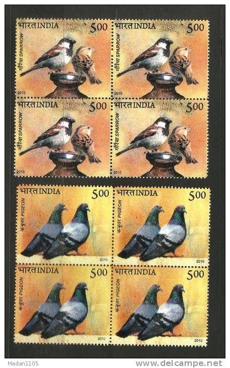 INDIA, 2010, Birds Of India, Set 2 V, Block Of 4,  MNH, (**) - Sparrows