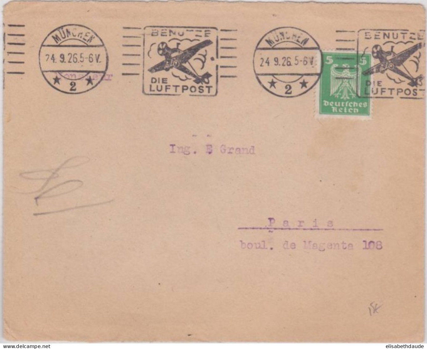 FLUGPOST - 1926 - ENVELOPPE Avec MECA "UTILISEZ LA POSTE AERIENNE" De MÜNCHEN Pour PARIS - Poste Aérienne & Zeppelin