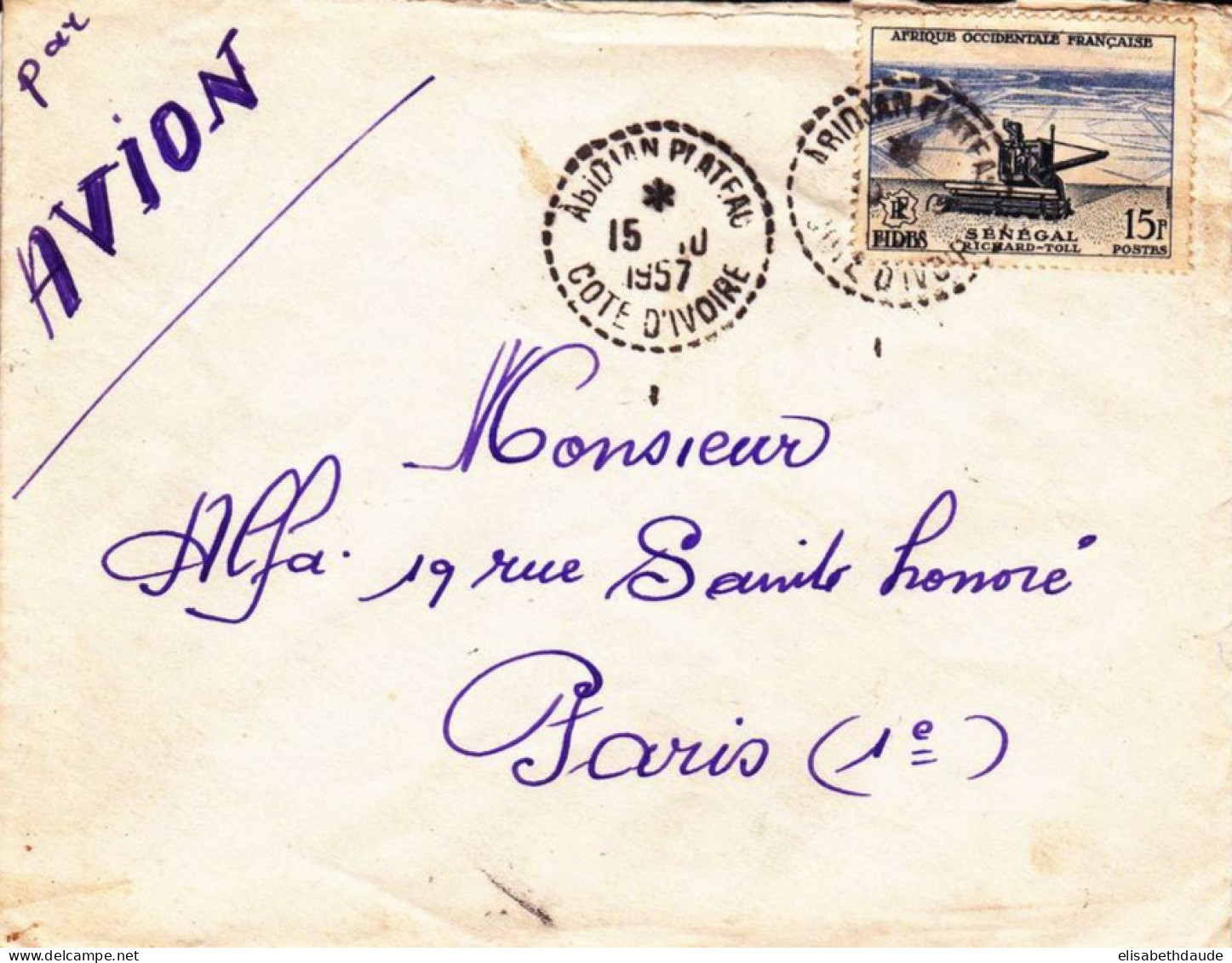 AOF - 1957 - ENVELOPPE Par AVION De ABIDJAN PLATEAU (BUREAU DE DISTRIBUTION) COTE D'IVOIRE Pour PARIS - FIDES - Covers & Documents