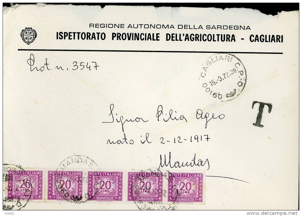 STORIA POSTALE SEGNATASSE STRISCIA 5 X 20 LIRE 1972 CAGLIARI X MANDAS - Taxe