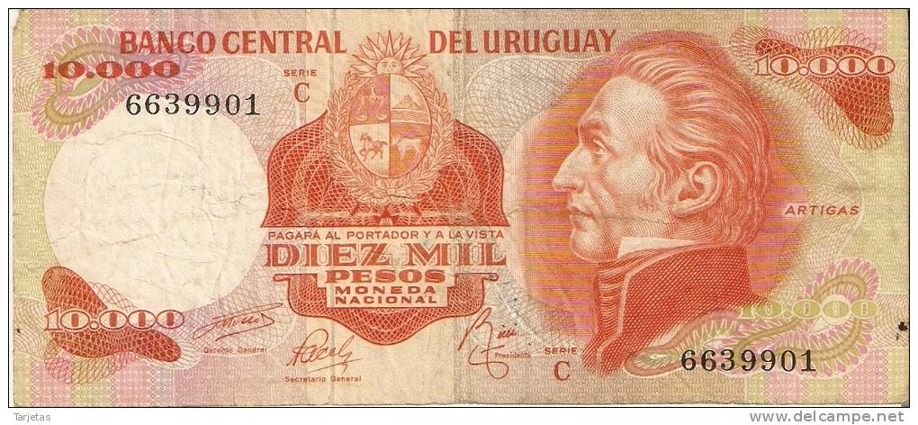 BILLETE DE URUGUAY DE 10000 NUEVOS PESOS  (BANKNOTE) - Uruguay