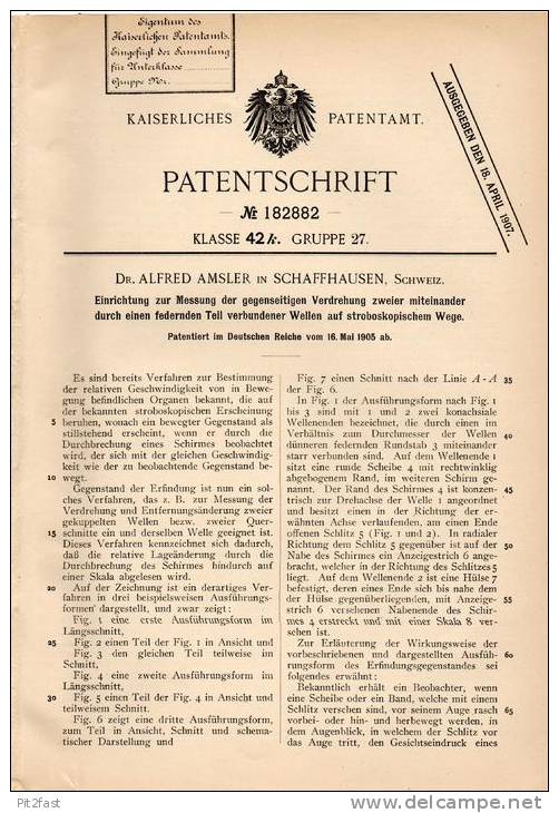 Original Patentschrift - Dr. Alfred Amsler In Schaffhausen , Schweiz , 1905 , Apparat Zur Stroboskop - Messung  !!! - Documents Historiques