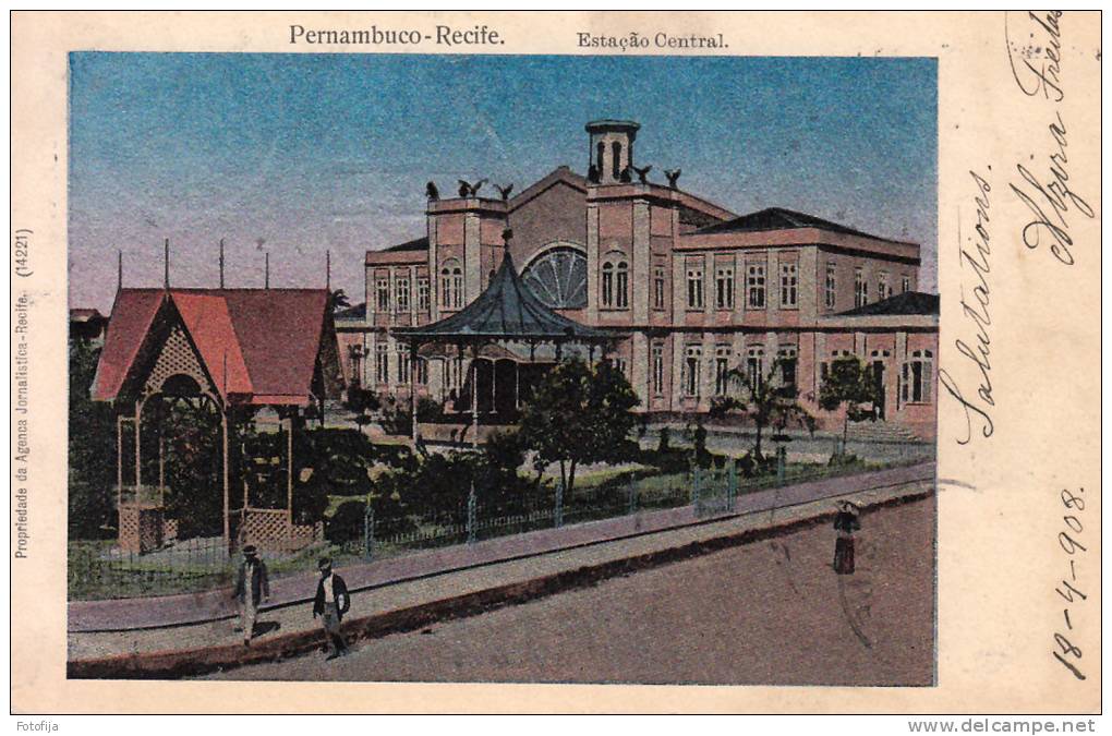 OLD PC BRASIL  PERNAMBUCO - RECIFE ESTACAO CENTRAL RAILWAY STATION RARE 1908 - Recife