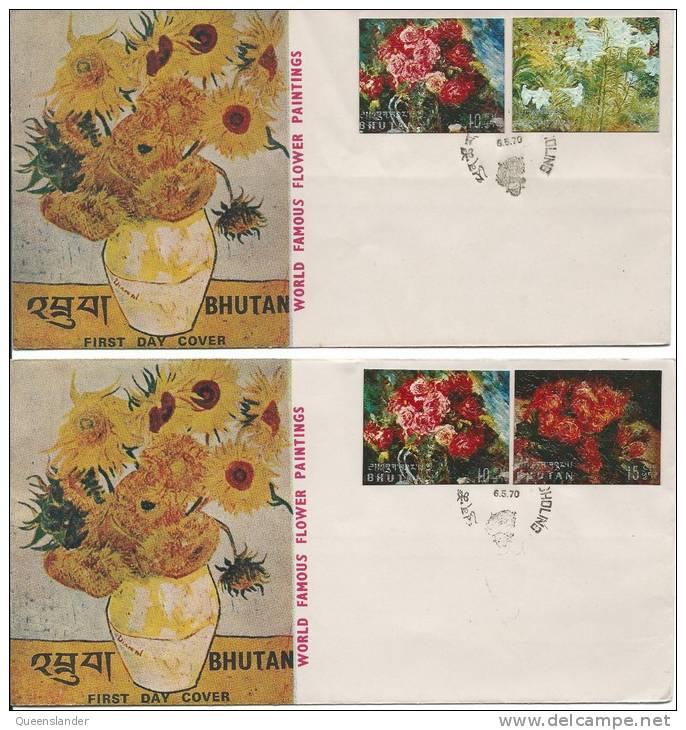 1970 World Famous Flower Paintings Set 3 First Day Covers Unaddressed With Special FDI Postmark 6/5/70 On Front - Bhutan