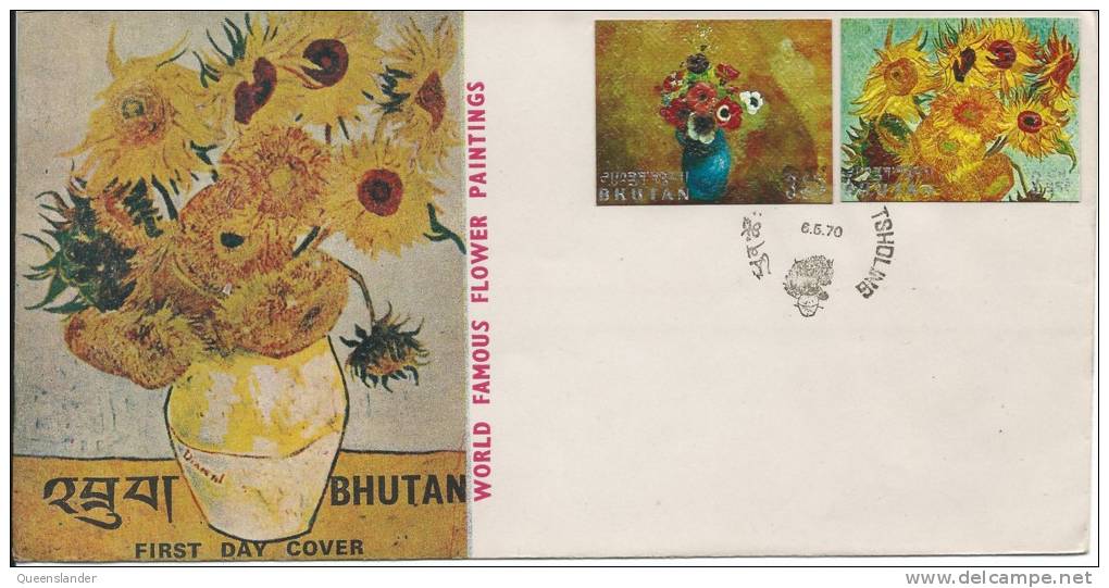 1970 World Famous Flower Paintings Set 3 First Day Covers Unaddressed With Special FDI Postmark 6/5/70 On Front - Bhutan