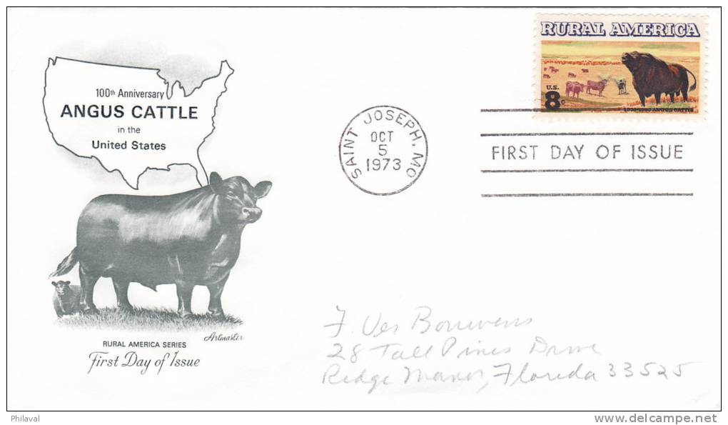 100th Anniversary Angus Cattle In The United States - First Day Of Issue -5 Oct 1973 - 1971-1980