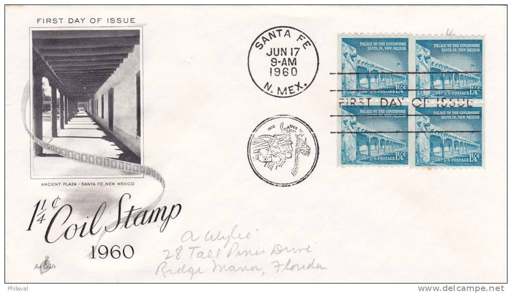 Ancient Plaza Santa Fe New Mexico - 1 1/4 Coil Stamp - First Day Of Issue -17 Jun 1960 - 1951-1960