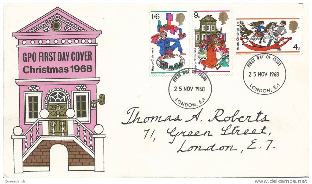 1968 Christmas Set Of 3 Stamps On Neatly Addressed First Day Cover FDI 25 Nov 1968 London - 1952-71 Ediciones Pre-Decimales