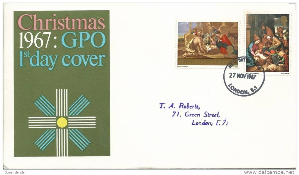 1967 Christmas Set Of 2 Stamps On Neatly Addressed First Day Cover FDI London 27 Nov 1967 - 1952-1971 Em. Prédécimales