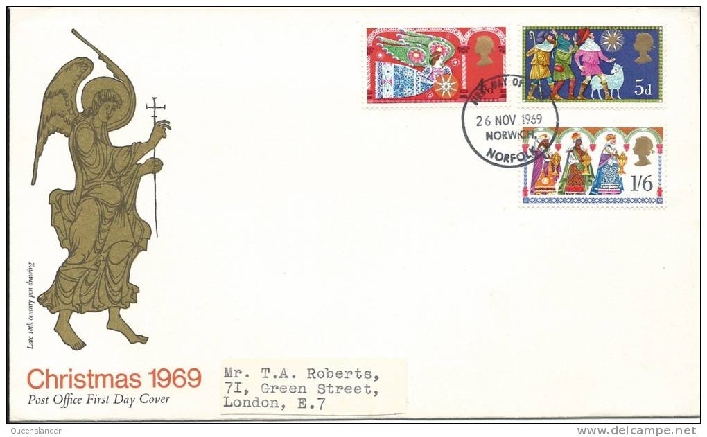 1969 Christmas Set Of 3 Stamps On Neatly Addressed First Day Cover FDI Norwich 26 Nov 1969 - 1952-71 Ediciones Pre-Decimales