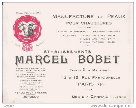 MANUFACTURE DE PEAUX POUR CHAUSSURES ETS MARCEL BOBET (CARTE PUBLICITAIRE USINE A CARHAIX BUREAUX A PARIS) - Carhaix-Plouguer