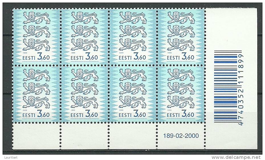 ESTONIA ESTLAND 1999 Wappe 3,60 Rare Perforation 13:13 1/4 As 8-BLOCK MNH - Estland