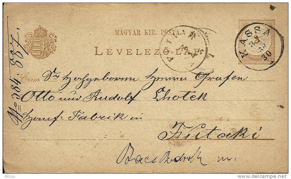 LEVELEZO-LAP, Kassa, 1887., Hungary, Carte Postale - Covers & Documents