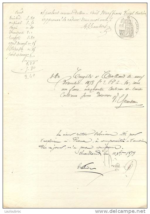 HUISSIER CANTON DE CHAILLAND CITATION A COMPARAITRE TRIBUNAL DE LAVAL 1873 AVEC CACHET ET TIMBRE A SEC 2 SCANS - Manuscritos