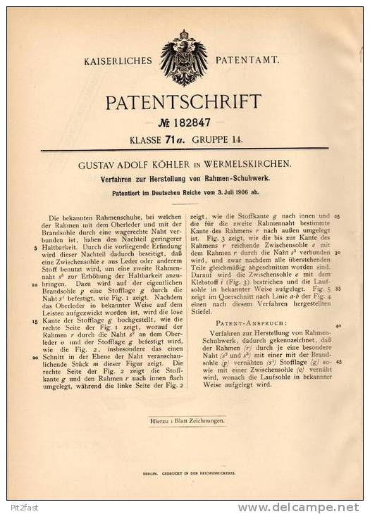 Original Patentschrift - G.A. Köhler In Wermelskirchen , 1906 , Herstellung Von Schuhwerk , Schuster , Schuhmacher  !!! - Shoes