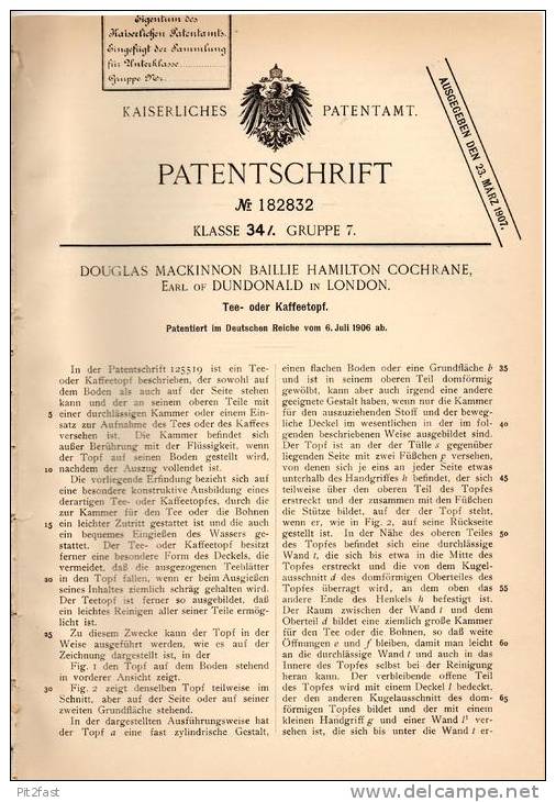 Original Patentschrift - Douglas Cochrane , Earl Of Dundonald In London , 1906 , Tee - Oder Kaffeetopf , Tea , Coffee !! - Karaf