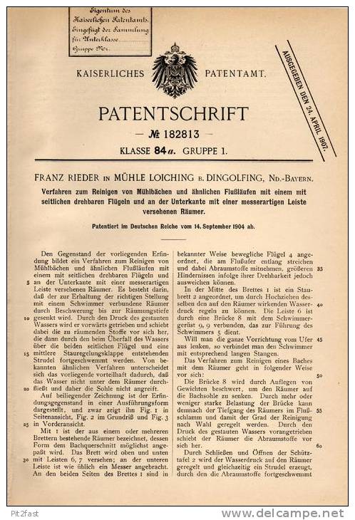 Original Patentschrift - F. Rieder In Mühle Loiching B. Dingolfing , 1904 , Reinigung Von Mühlbächen Und Flüssen  !!! - Historische Dokumente