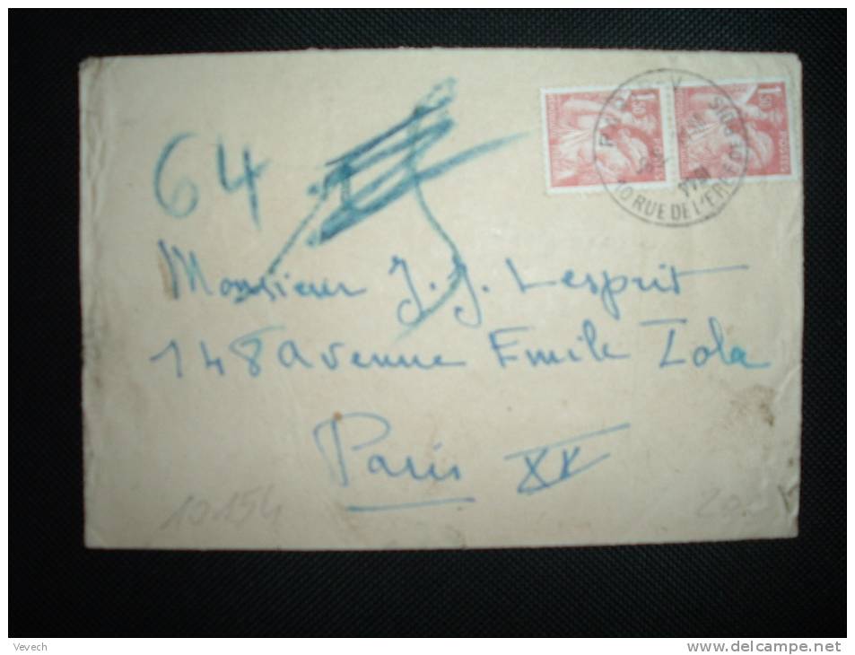 LETTRE PNEUMATIQUE TP IRIS 1,50F X2 OBL. HOROPLAN 11-XII-1944 (VARIETE ERREUR) PARIS V (75) - 1939-44 Iris