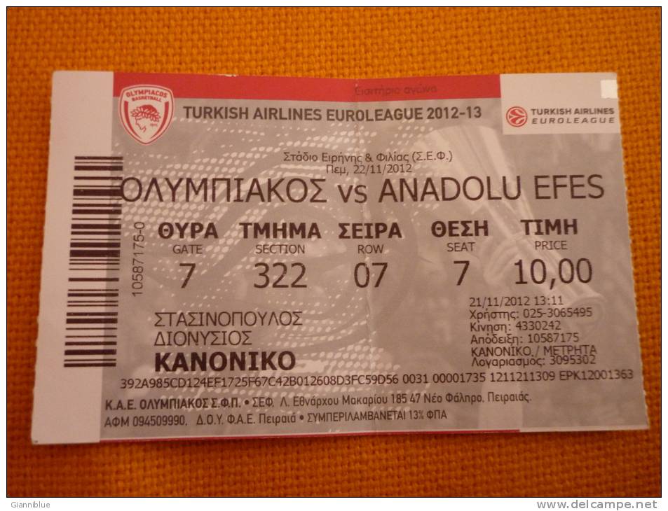 Olympiakos-Anadolou Efes BasketballTurkish Airlines Euroleague Match Ticket - Eintrittskarten