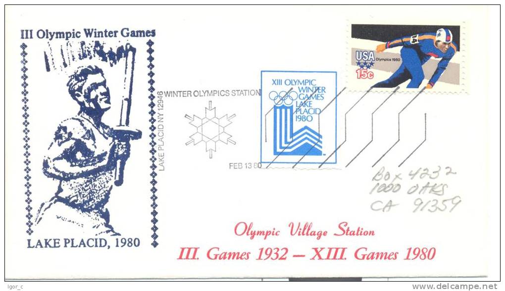 USA Winter Olympic Games 1980 Lake Placid Leter ; Torch Runner Cachet, Olympic Logo Vignette, Olympic Cancellation - Hiver 1980: Lake Placid