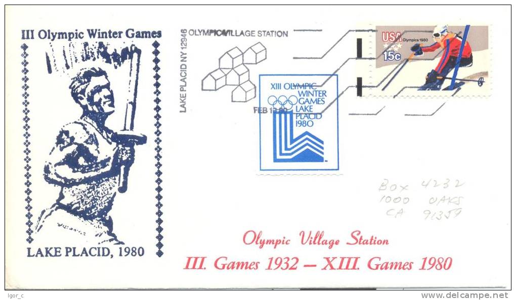USA Winter Olympic Games 1980 Lake Placid Leter ; Torch Runner Cachet, Olympic Logo Vignette, Olympic Cancellation - Invierno 1980: Lake Placid