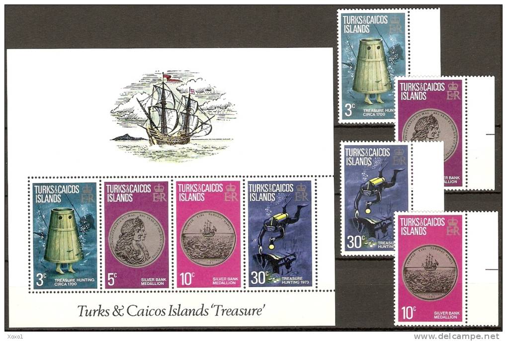 Turks & Caicos 1973 MiNr. 301 - 304 (Block 1) Sea Treasure Hunt Diving Coins 4v + S\sh MNH ** 4,70 € - Turks And Caicos