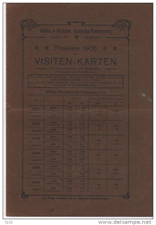 LEIPZIG  KUHN ET RICHTER Preisliste 1905 Visiten Ka En - 1900 – 1949