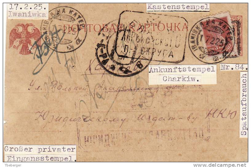 USSR Russia Ukraine 1925 Trident Stationery Postcard Used As Blank Ivanivka Na Katerinoslav To Kharkov, Ex Seichte (i26) - Storia Postale