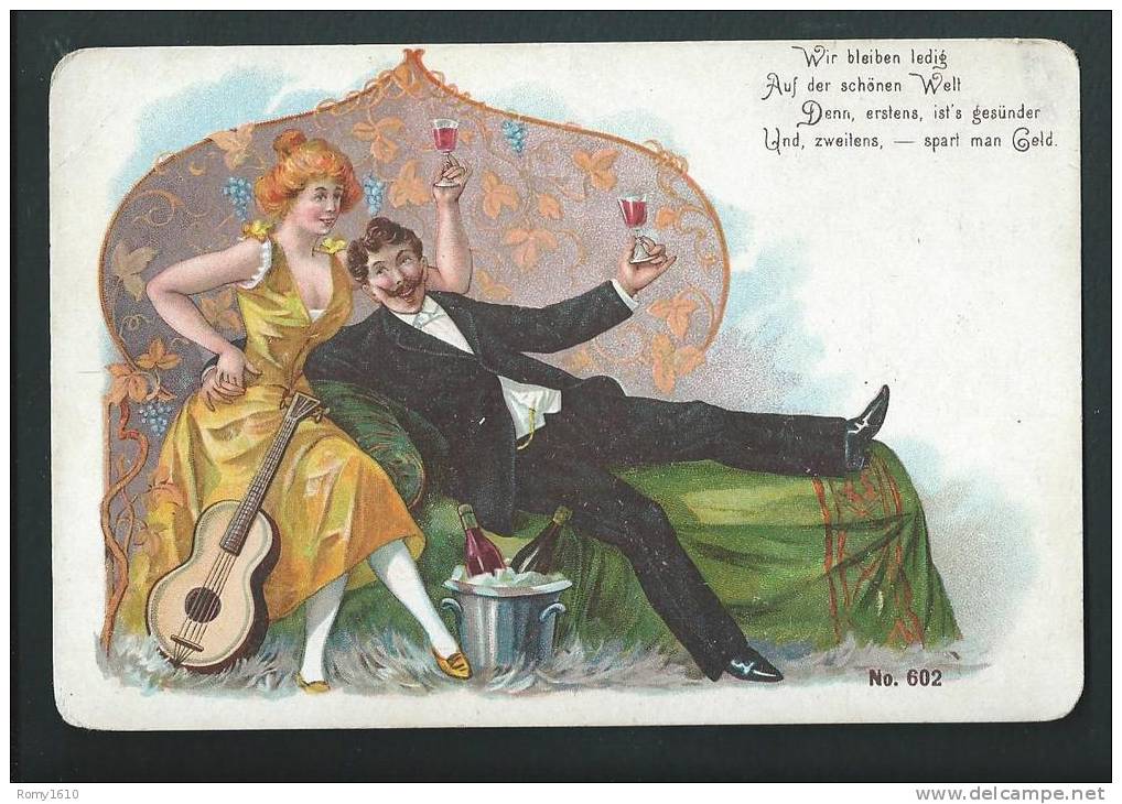 Lithographie Art-nouveau. Couple Joyeux, Seau à Glace, Champagne, Guitare... Carte Allemande. - 1900-1949