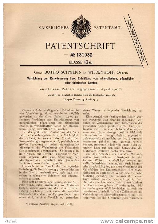 Original Patentschrift - Graf Botho Schwerin In Wildenhoff , Ostpreussen ,1901, Entwässerungsapparat , Dzikowo Ilaweckie - Ostpreussen