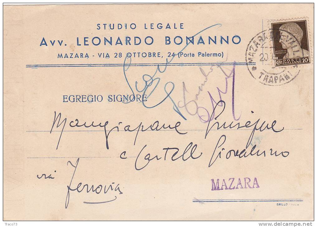 MAZARA 18.6.1939 /  Cartolina Pubblicitaria  " Studio Legale Avv. Leonardo Bonanno " _  Viaggiata - Mazara Del Vallo