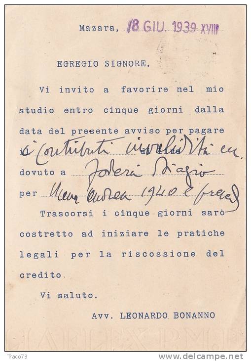 MAZARA 18.6.1939 /  Cartolina Pubblicitaria  " Studio Legale Avv. Leonardo Bonanno " _  Viaggiata - Mazara Del Vallo