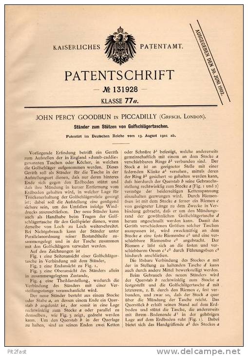 Original Patentschrift - J. Goodbun In Piccadilly , London , 1901 , Golf - Schlägertasche !!! - Apparel, Souvenirs & Other