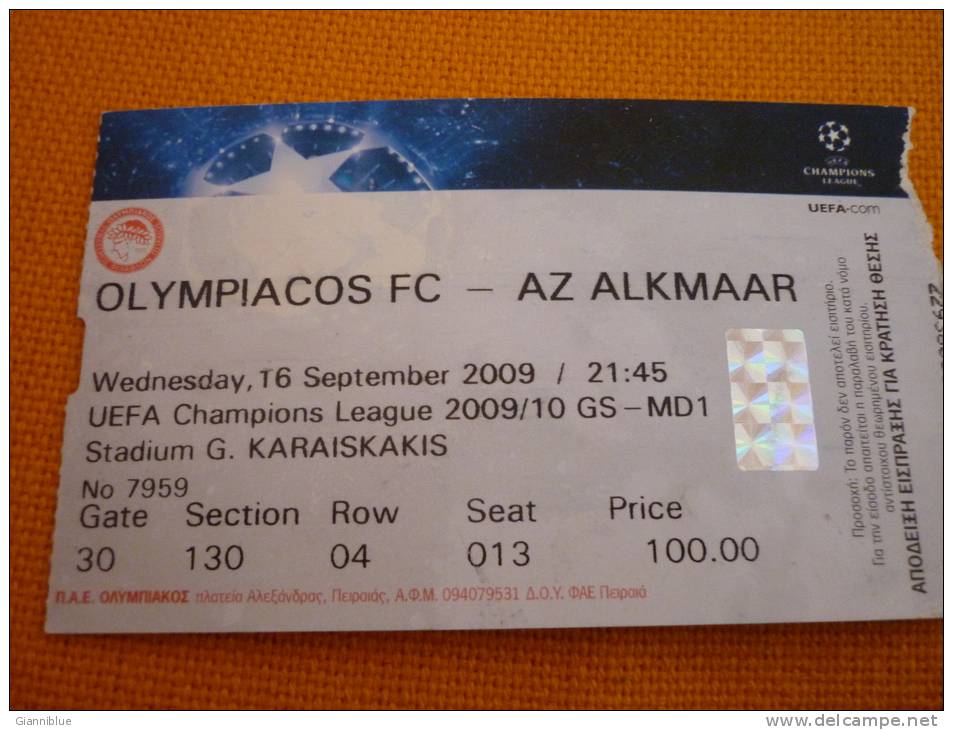 Olympiakos-AZ Alkmaar UEFA Champions League Football Match Ticket - Tickets - Entradas