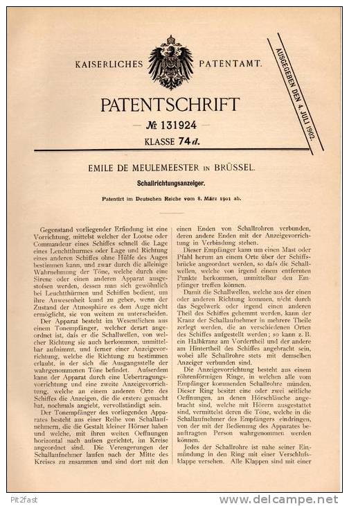 Original Patentschrift - Emile De Meulemeester In Brüssel , 1901 , Schallrichtungsanzeiger , Schall , Schiff !!! - Documentos Históricos