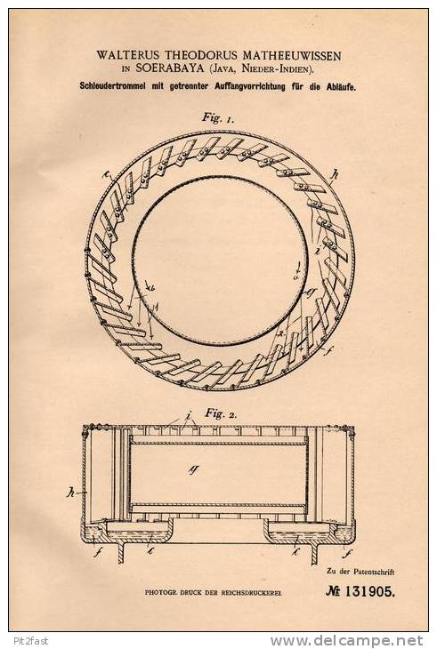 Original Patentschrift - W. Matheeuwissen In Soerabaya , Java , Indien , 1901 , Schleudertrommel Für Sirup , Syrup !!! - Historische Dokumente