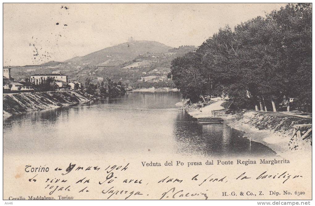 TORINO -  VEDUTA DEL PO PRESA DAL PONTE REGINA MARGHERITA VG 1904 BELLA FOTO D´EPOCA ORIGINALE 100% - Fiume Po