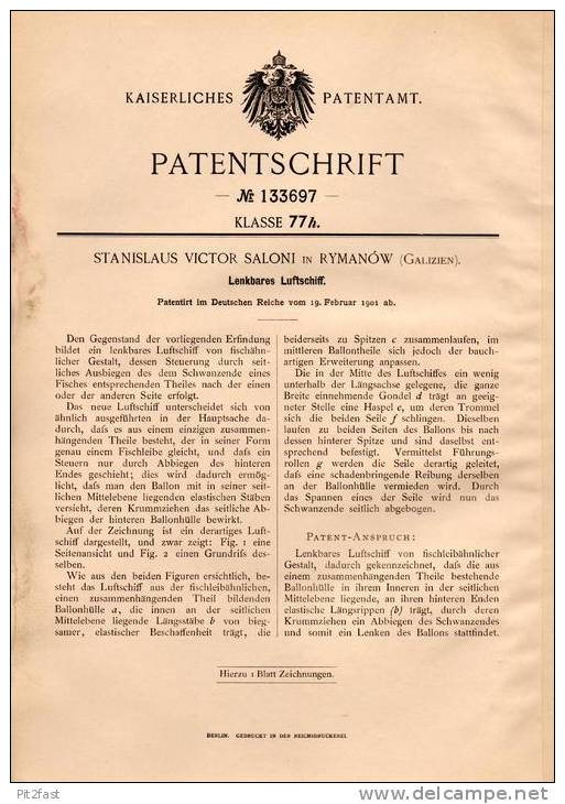 Original Patentschrift - S. Saloni In Rymanow , 1901 , Lenkbares Luftschiff , Flugapparat , Flugzeug !!! - Aviation