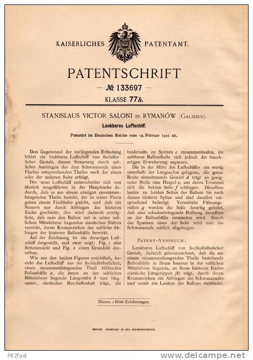 Original Patentschrift - S. Saloni In Rymanow , 1901 , Lenkbares Luftschiff , Flugapparat , Flugzeug !!! - Luchtvaart