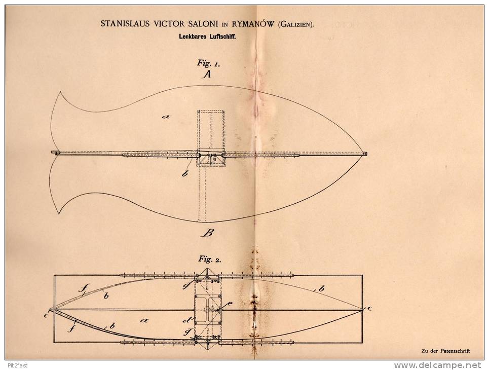 Original Patentschrift - S. Saloni In Rymanow , 1901 , Lenkbares Luftschiff , Flugapparat , Flugzeug !!! - Aviation