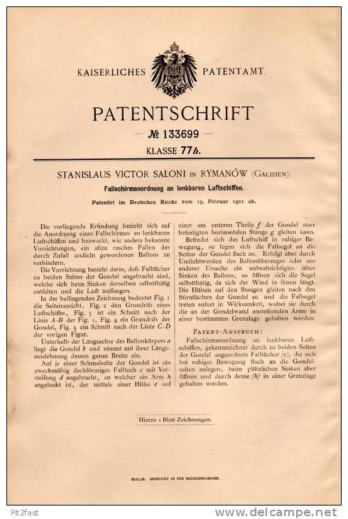 Original Patentschrift - S. Saloni In Rymanow , 1901 , Fallschirm Für Lenkbares Luftschiff , Flugapparat , Flugzeug !!! - Fliegerei