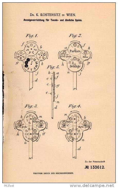 Original Patentschrift - Dr. K. Kostersitz In Wien , 1901 , Anzeigeapparat Für Tennis !!! - Habillement, Souvenirs & Autres