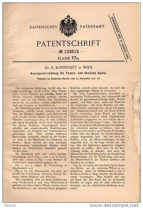 Original Patentschrift - Dr. K. Kostersitz In Wien , 1901 , Anzeigeapparat Für Tennis !!! - Kleding, Souvenirs & Andere
