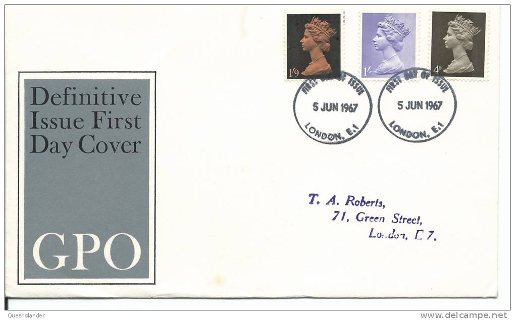 1967  4d,  1/- & 1/9 Definitives On Neatly Addressed First Day Cover FDI London 5 June 1967 - 1952-71 Ediciones Pre-Decimales