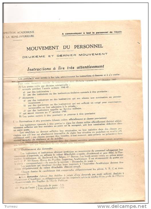 INSPECTEUR ACADEMIQUE DE LA SEINE INFERIEURE-MOUVEMENT DU PERSONNEL-1949 - Schede Didattiche