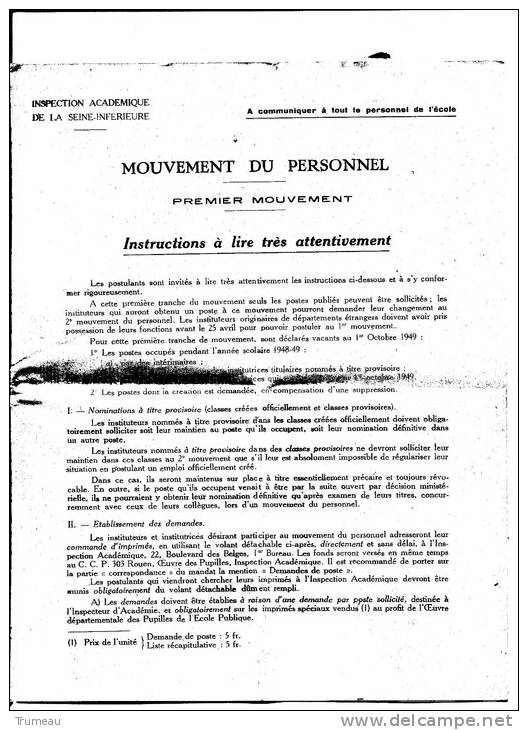 INSPECTEUR ACADEMIQUE DE LA SEINE INFERIEURE-1ER   MOUVEMENT DU PERSONNEL-1949  INSTITUTRICE DE VITTEFLEUR - Fiches Didactiques