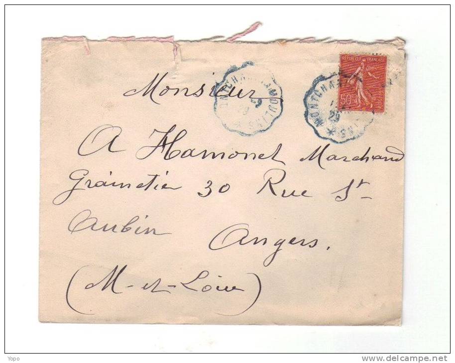 Lettre De 1929, N°199 Seul, Cachet Ambulant Convoyeur Cercle Ondulé De Couleur Bleu De Montchanin à Moulins Pour Angers - Poste Ferroviaire